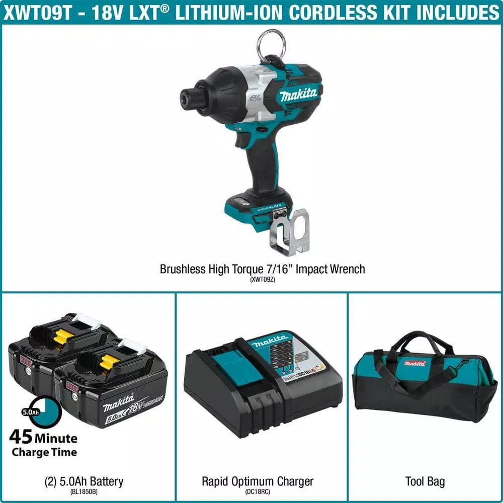 Makita 18V LXT Brushless High Torque 7/16 in. Hex Chuck Impact Wrench Kit w/ (2) 5.0Ah Batteries & Charger