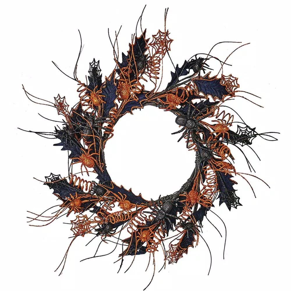 Worth Imports 22 in. Halloween Spider Wreath with Glitter Black and Orange Webs and Leaves