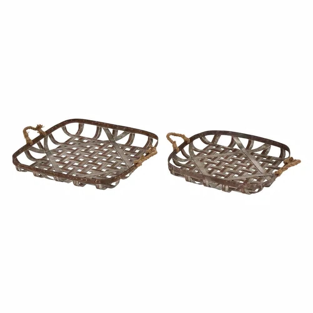 Glitzhome Farmhouse Galvanized Metal Woven Tobacco Basket Tray Set, Set of 2