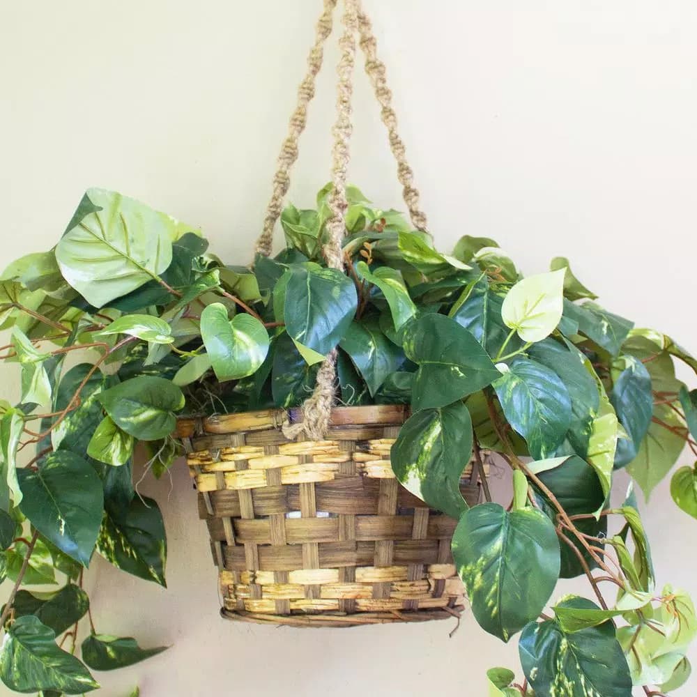Nearly Natural Lifelike Pothos Silk Plant in Woven Roped Hanging Basket