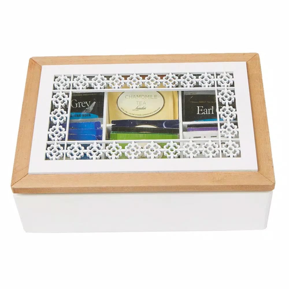 Mind Reader Brown Wood Pattern Tea Box Organizer with Glass Window