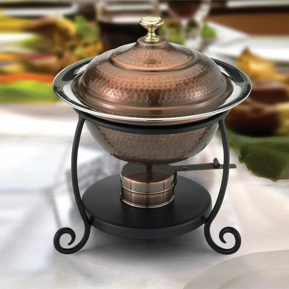 Old Dutch 1 Qt. Round Antique Copper Chafing Dish with Black Iron Stand