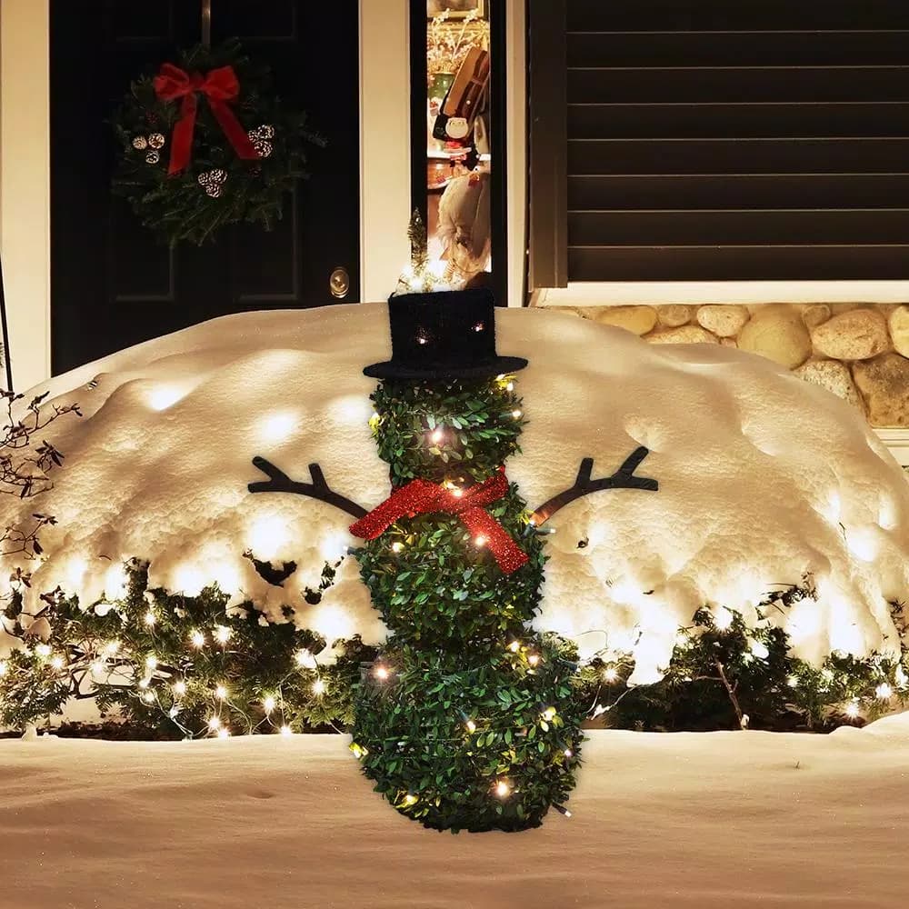 ProductWorks 28 in. Pre-lit Faux Boxwood Topiary Snowman Sculpture with 40 LED Lights