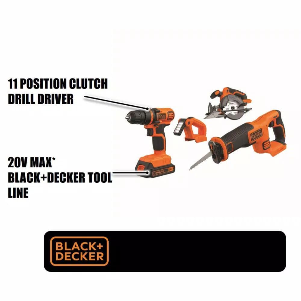 BLACK+DECKER 20V MAX Lithium-Ion 4-Tool Cordless Combo Kit with (2) 1.5 Ah Batteries and Charger