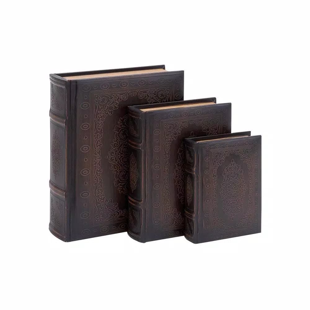 LITTON LANE Vintage Rectangular Wood and Faux Leather Flourished Book Boxes, Set of 3