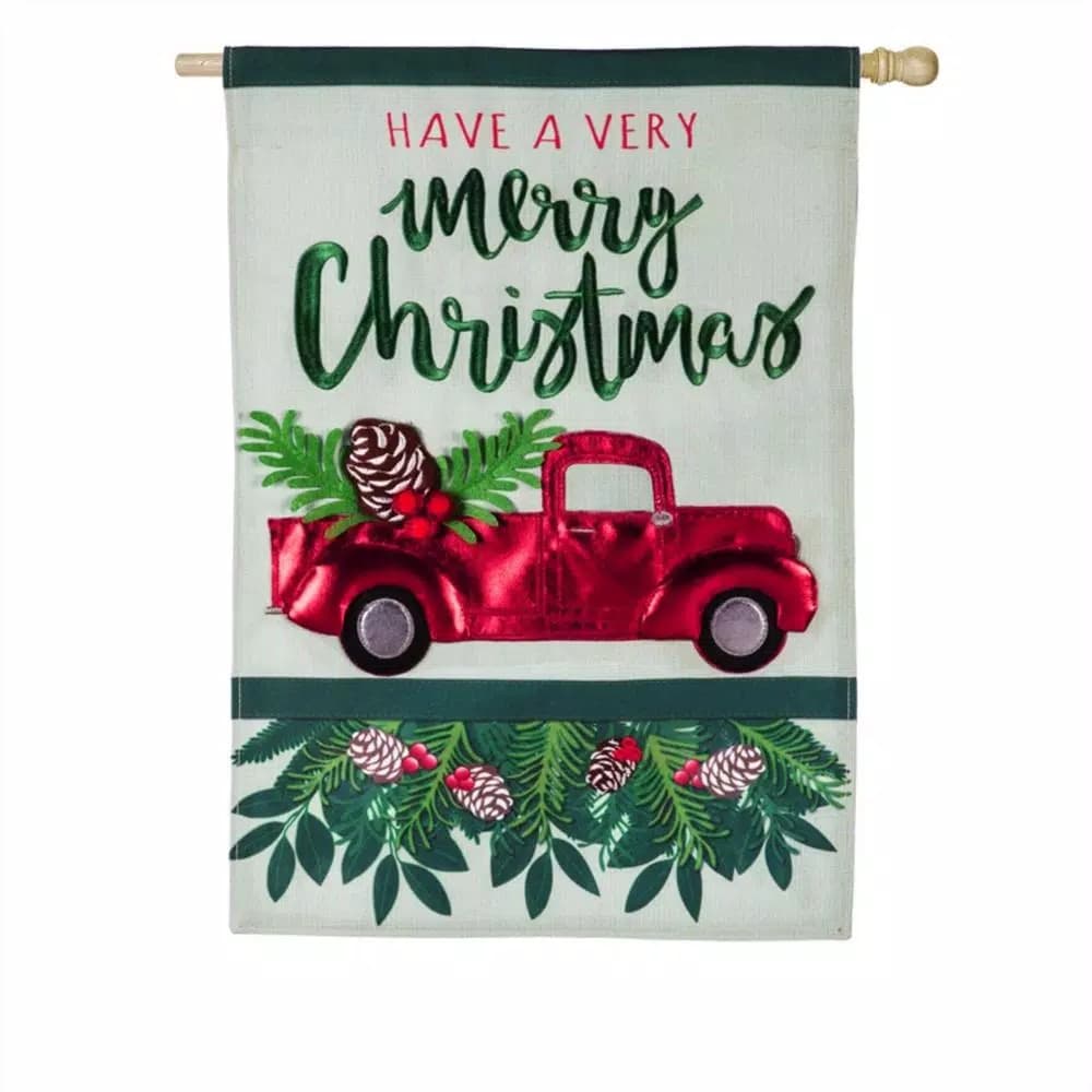 Evergreen Holiday Red Truck House Linen Flag, 28 in. x 44 in. Double-Sided Christmas Decor