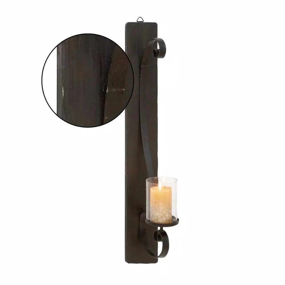 LITTON LANE 36 in. Scrolled Wrought Iron Wall Sconce Candle Holder with Glass Hurricane, Deep Bronze