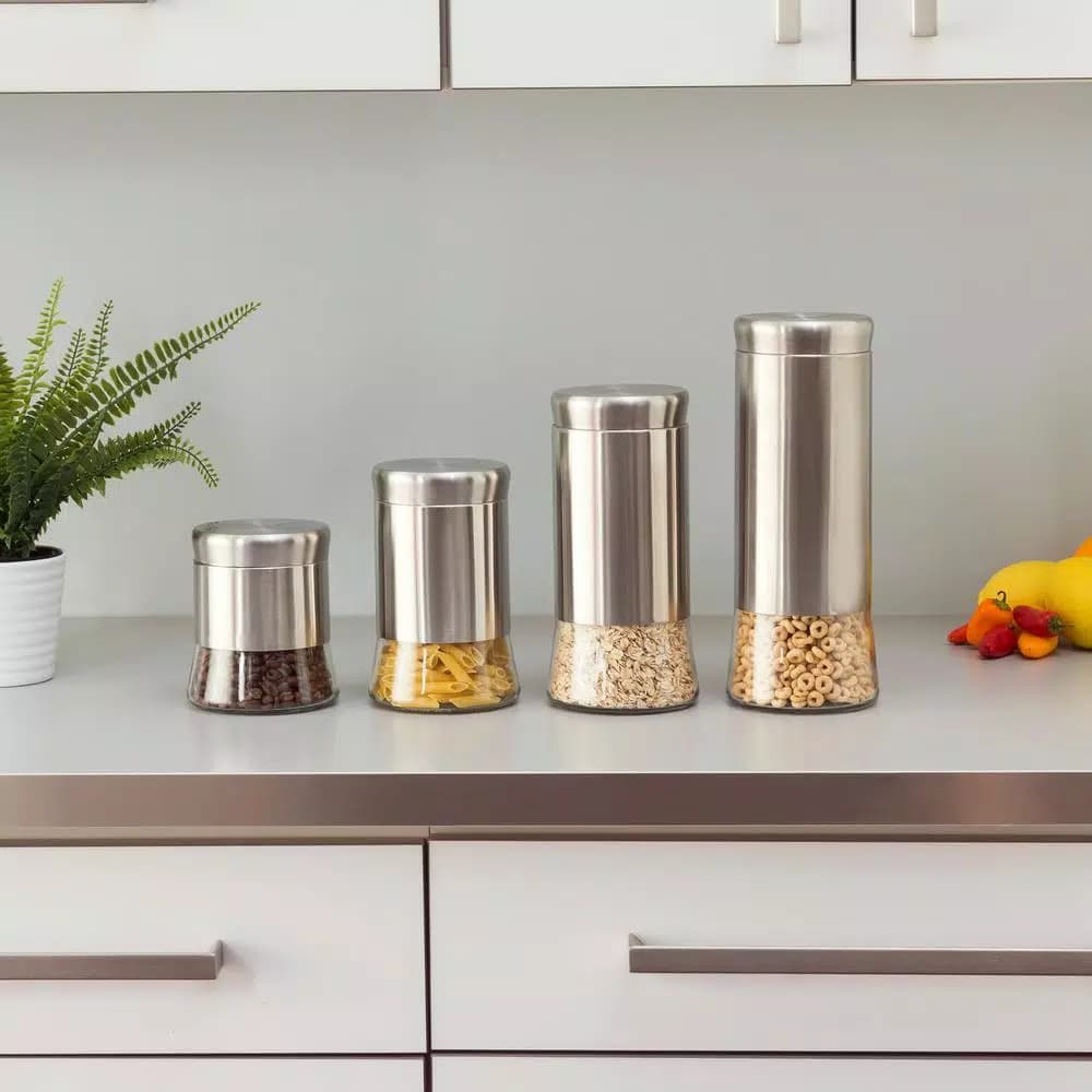 Home Basics Essence 4-Piece Stainless Steel Canister Set with Glass Base