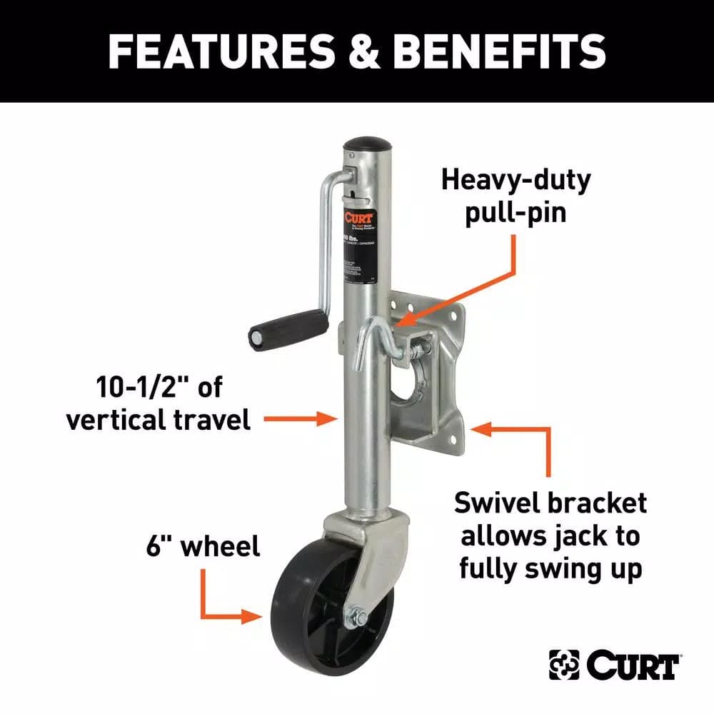 CURT Marine Trailer Jack with 6" Wheel, 1,000 lbs. Capacity, 10" Travel