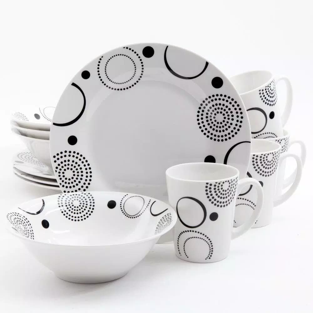 Gibson Home Modern Times 12-Piece Ceramic Dinnerware Set, Black Geometric Design on White, Service for 4