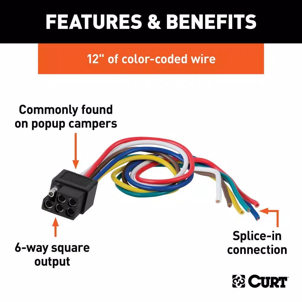 CURT 6-Way Square Trailer Connector Socket with 12" Color-Coded Wires