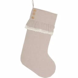 VHC Brands 20 in. Cotton Carol Khaki Tan Chambray Farmhouse Christmas Stocking with Lace and Wood Buttons thumbnail 1
