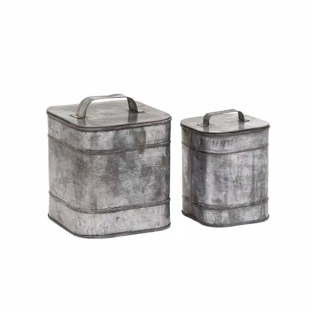 LITTON LANE Rustic Galvanized Iron Square Metal Storage Boxes with Lids, Set of 2