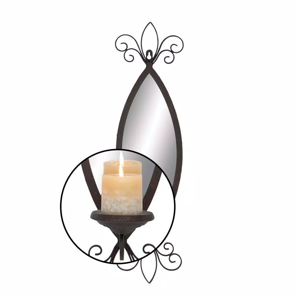 LITTON LANE 25 in. New Traditional Wall Candle Sconce with Elliptical Mirror and Textured Bronze Finish