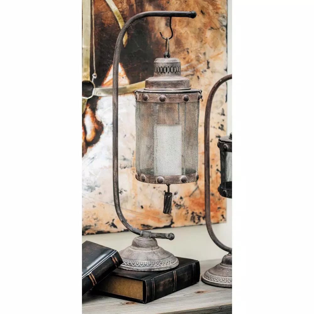 LITTON LANE 28 in. x 8 in. Iron Suspended Cage Candle Holder - Black Industrial Rustic Lantern