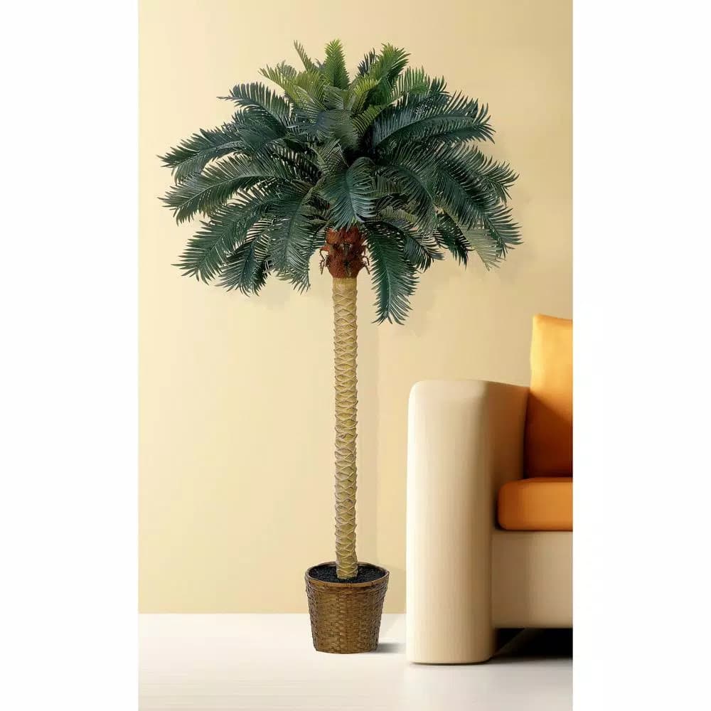 Nearly Natural 6 ft. Sago Palm Silk Tree with Wicker Basket
