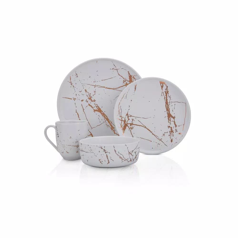 Stone Lain 32-Piece Porcelain Dinnerware Set, Gold Splash White Round Dishes for 8
