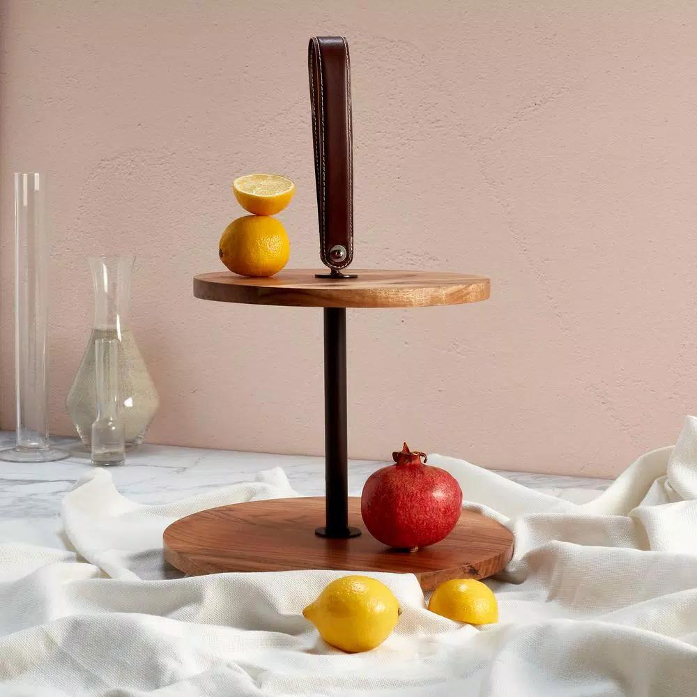Mason Craft & More Acacia Wood 2-Tier Serving Tray with Faux Leather Handles