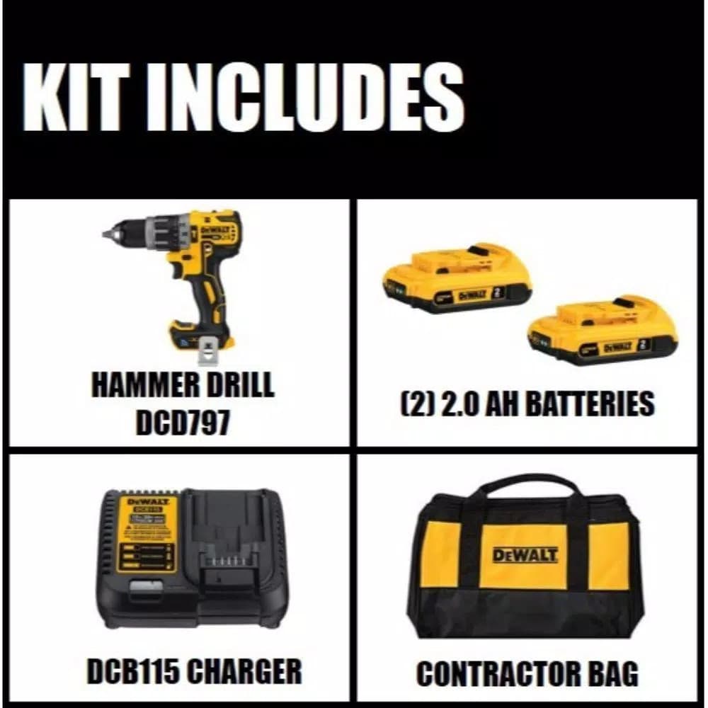 DEWALT 20V MAX XR Brushless 1/2 in. Compact Hammer Drill with Tool Connect, (2) 2.0Ah Batteries & Charger