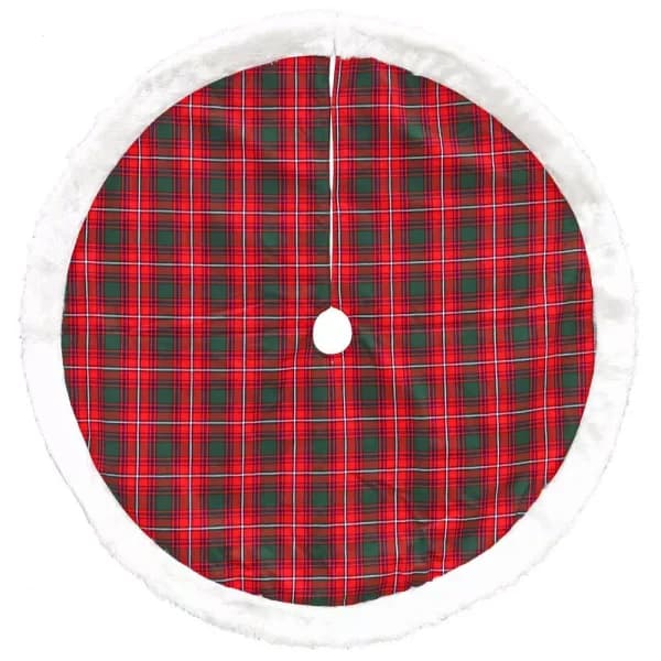 Dyno 48 in. Red and Green Plaid Christmas Tree Skirt with White Plush Faux Fur Border