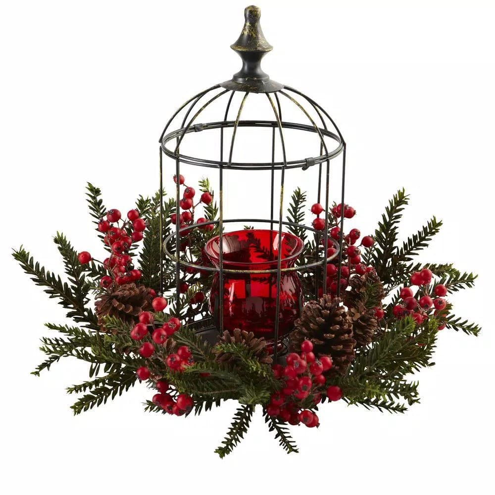 Nearly Natural Pine Berry Birdhouse Candelabrum Holiday Indoor Tabletop Decor