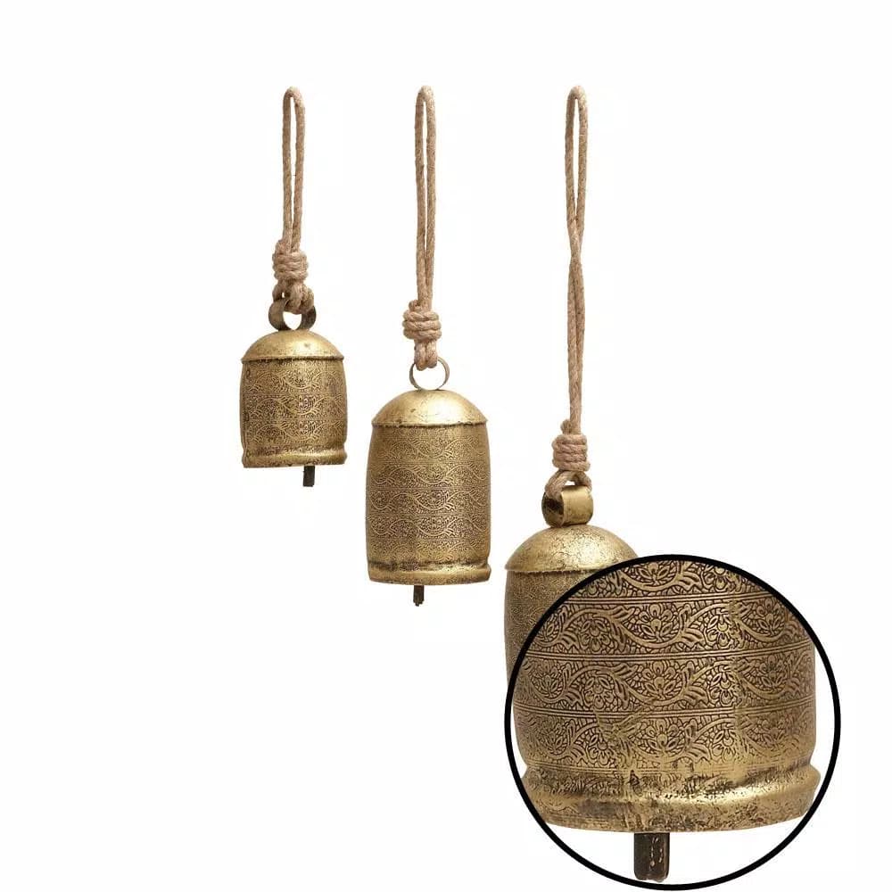 LITTON LANE Gold Brass Iron Bells with Natural Jute Rope Hangers, Set of 3