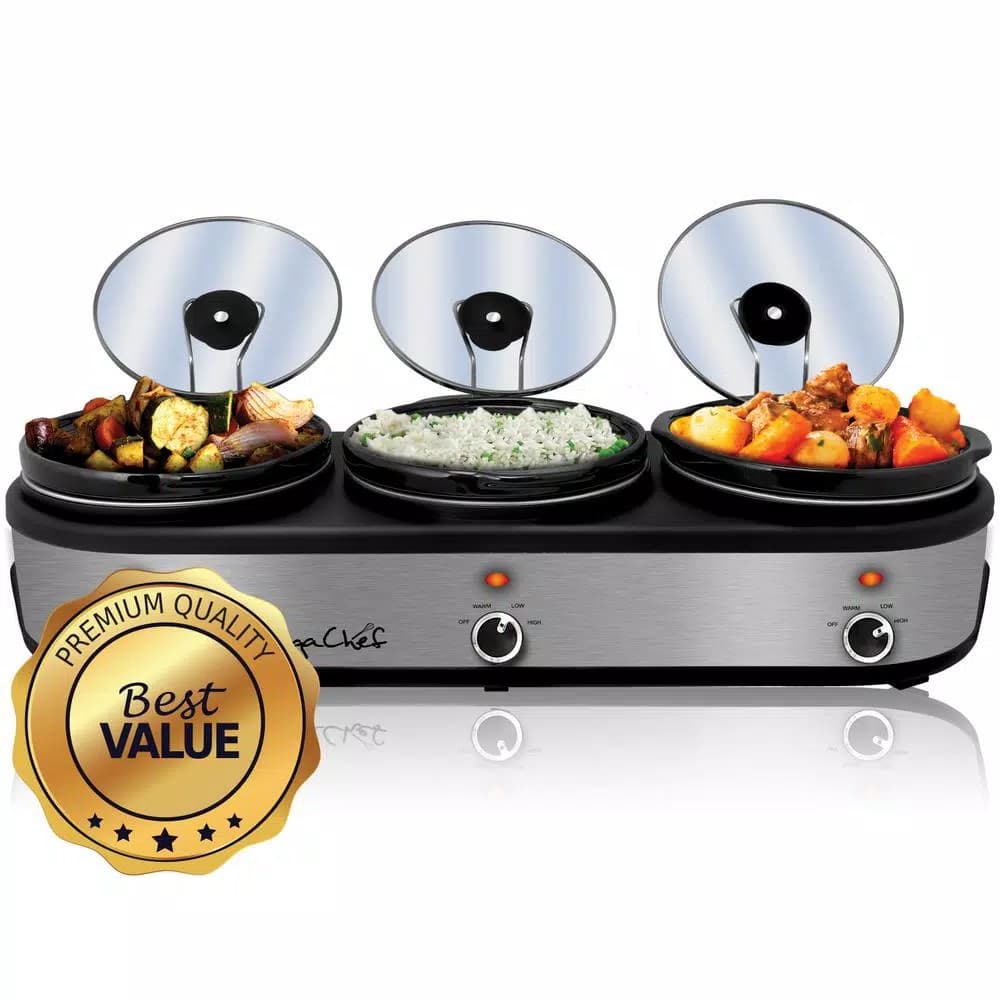 MegaChef 7.5 Qt. Stainless Steel Slow Cooker & Buffet Server with 3 Ceramic Crocks