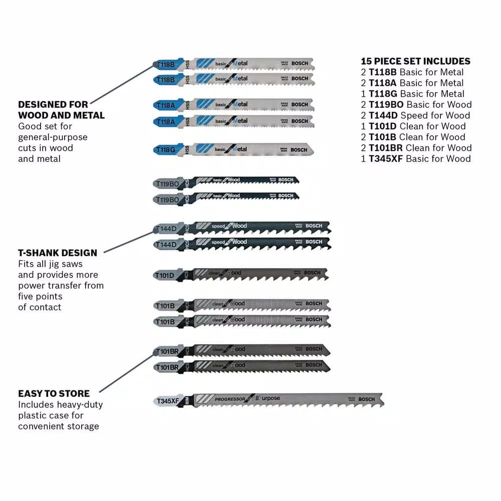 Bosch T-Shank Jigsaw Blade Set, Multi-Purpose Wood and Metal Cutting, 15-Pack