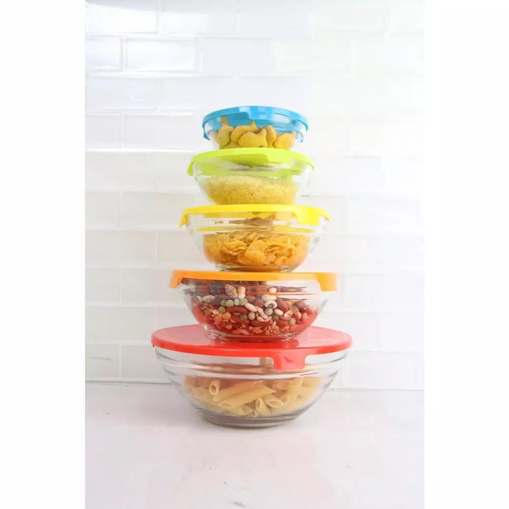 Home Basics 5-Piece Glass Bowl Set with Colorful Plastic Lids