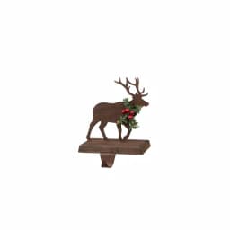 Glitzhome 6.50 in. Reindeer Stocking Holder with Green Garlands and Red Berries, Wooden and Metal thumbnail 1