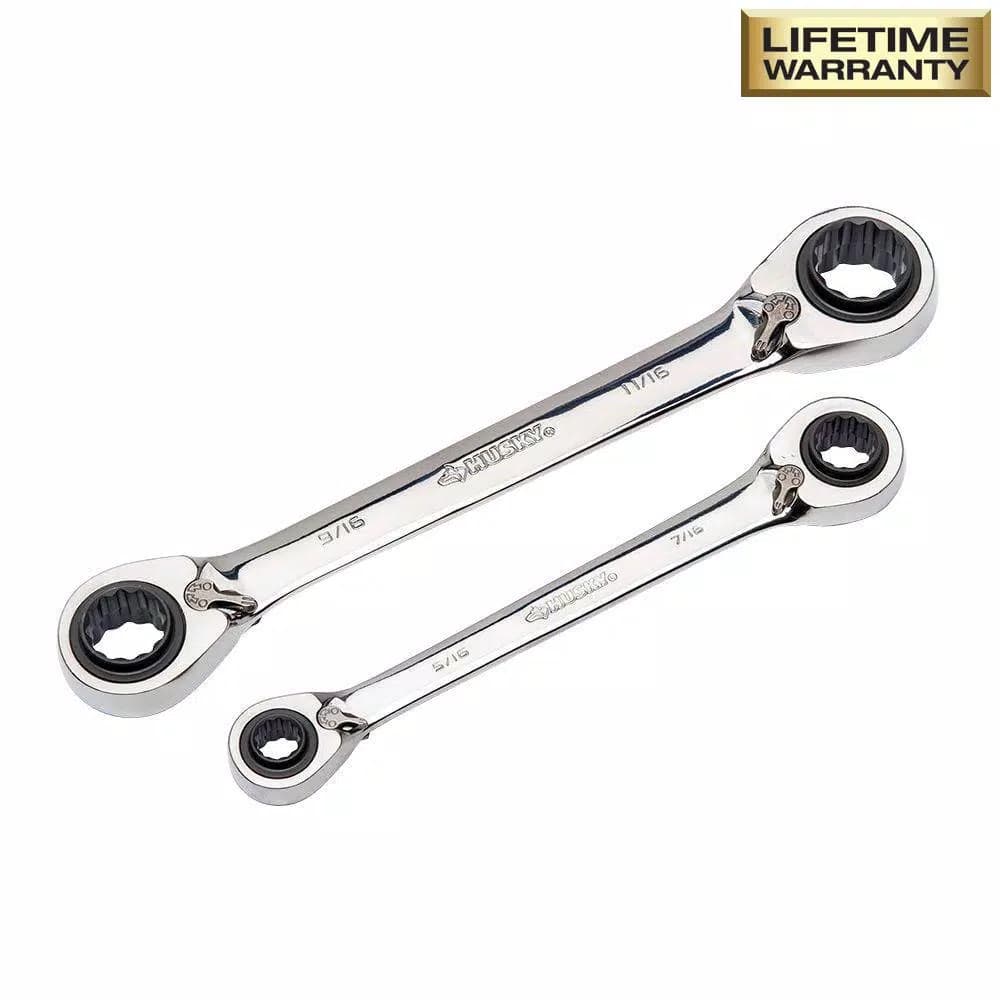Husky 4-Piece Quad Drive Reversible Ratcheting Wrench Set, SAE/Metric
