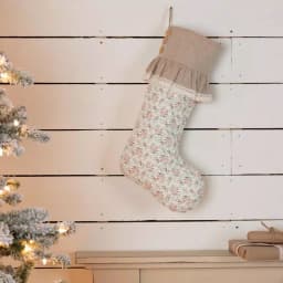 VHC Brands 20 in. Carol Creme White Floral Cotton Christmas Stocking with Lace and Wood Buttons thumbnail 3