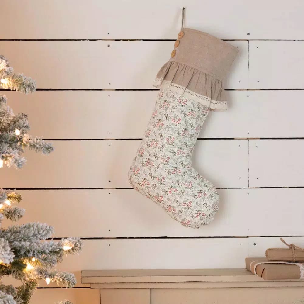VHC Brands 20 in. Carol Creme White Floral Cotton Christmas Stocking with Lace and Wood Buttons