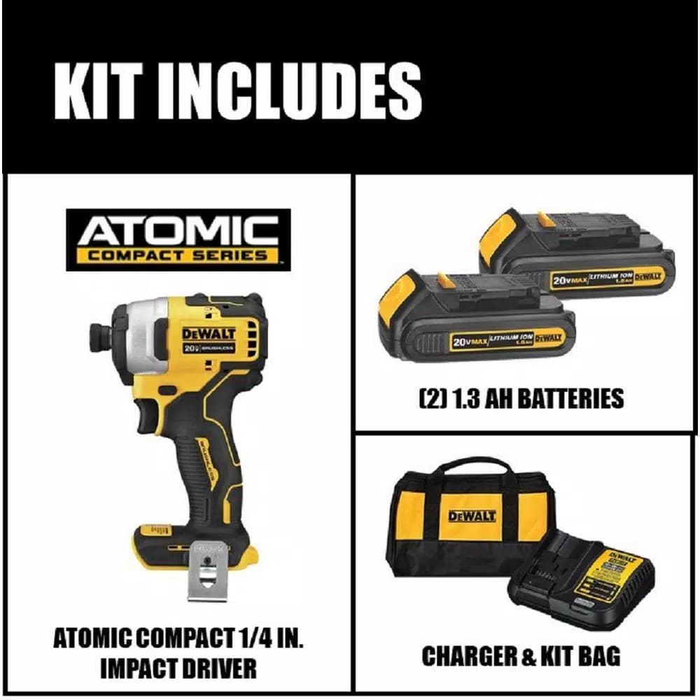 DEWALT 20V MAX ATOMIC 1/4 in. Compact Brushless Cordless Impact Driver Kit with (2) 1.3 Ah Batteries, Charger & Bag