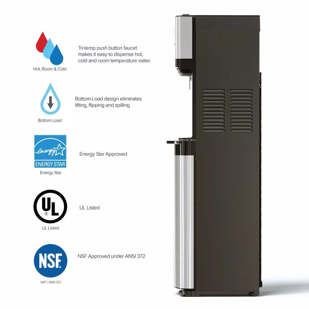 Brio Essential Tri-Temp Bottom-Load Water Cooler Dispenser - Black and Brushed Stainless Steel