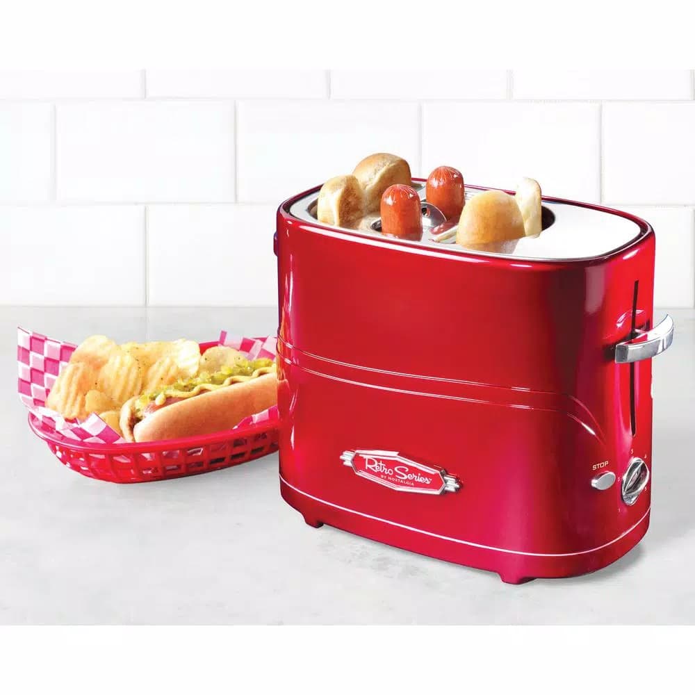 Nostalgia Retro Series 2-Slice Red Hot Dog and Bun Toaster with Mini Tongs