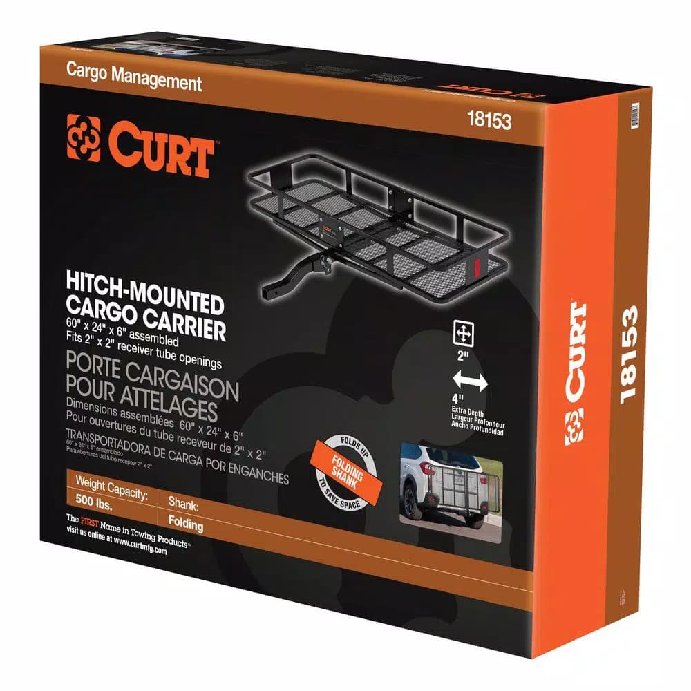 CURT 60" x 24" Black Steel Basket Cargo Carrier with 2" Folding Shank, 500 lbs. Capacity
