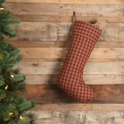VHC Brands 20 in. Burgundy and Tan Check Cotton Christmas Stocking - Primitive Holiday Decor thumbnail 3