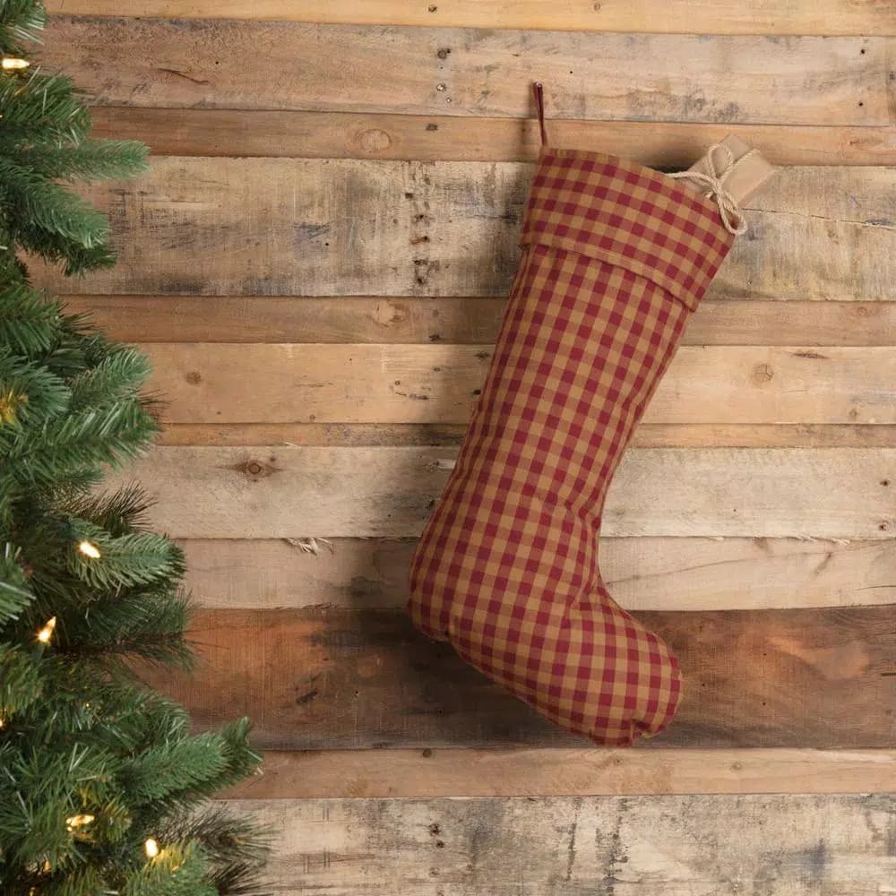 VHC Brands 20 in. Burgundy and Tan Check Cotton Christmas Stocking - Primitive Holiday Decor
