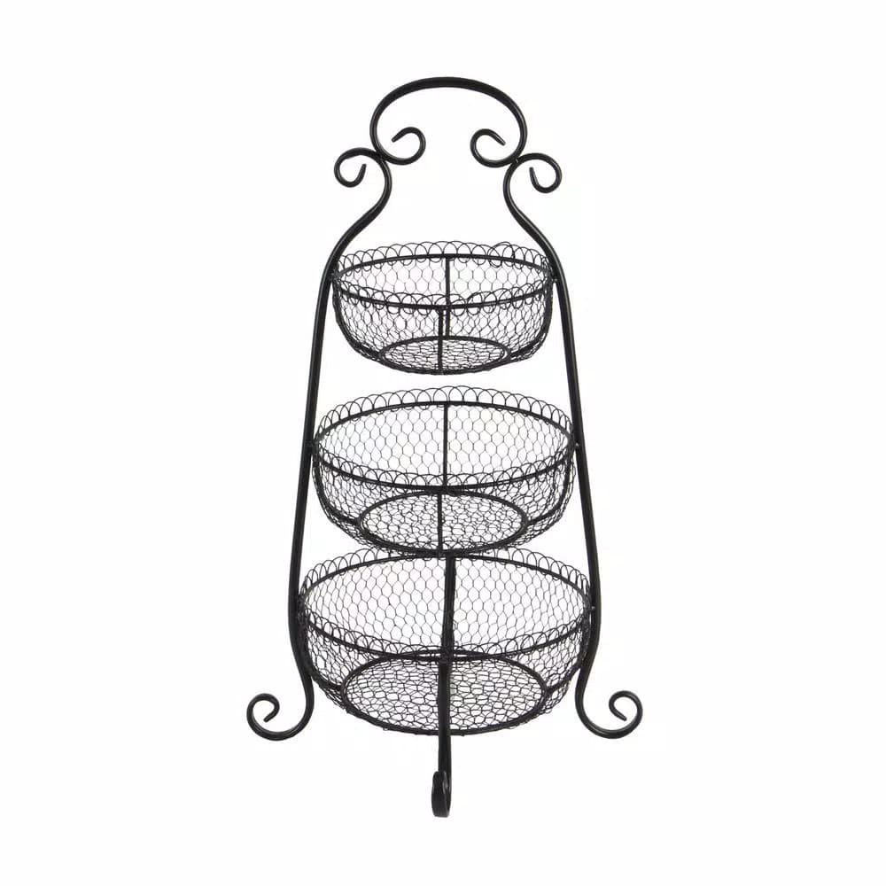 LITTON LANE New Traditional 3-Tier Black Wrought Iron Decorative Basket Tray Stand