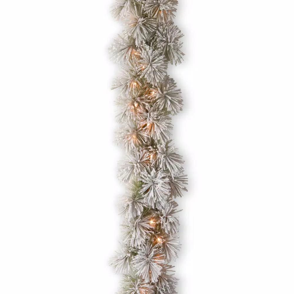 Unbranded 9 ft. Snowy Bristle Pine Garland with 70 Clear Lights, Flocked Artificial Evergreen
