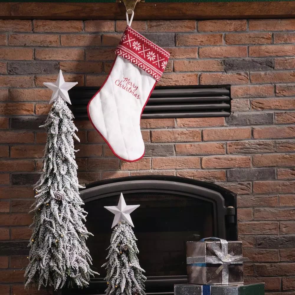 Glitzhome 21 in. White Fleece Christmas Stocking with Red Trim - Merry Christmas Design