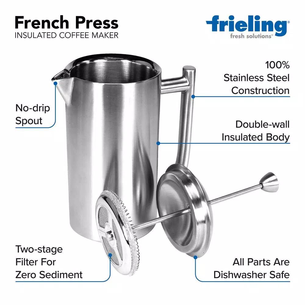 Frieling 2-Cup Stainless Steel French Press, 17 oz Double-Walled Insulated Coffee Maker
