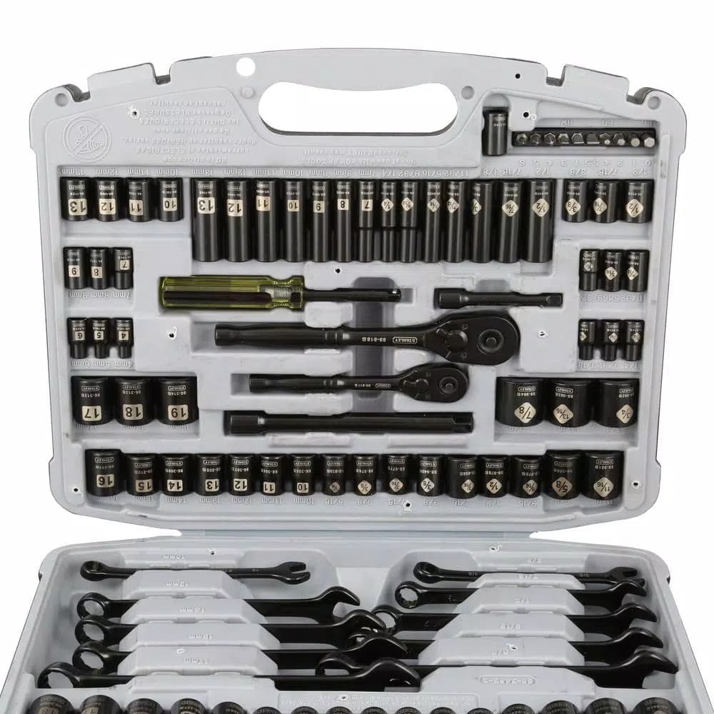 Stanley 99-Piece 1/4 in. & 3/8 in. Drive Black Chrome Laser Etched SAE & Metric Socket Set
