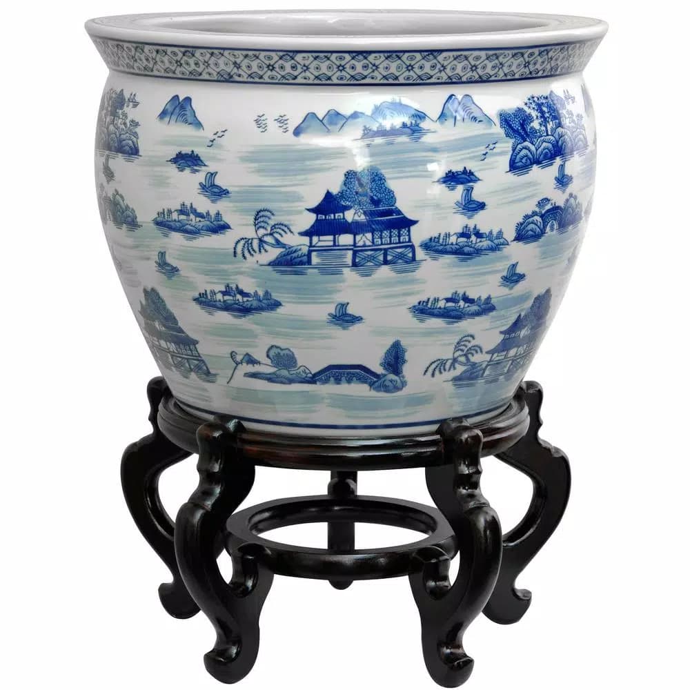 Oriental Furniture 14 in. Blue and White Porcelain Fishbowl Landscape Planter
