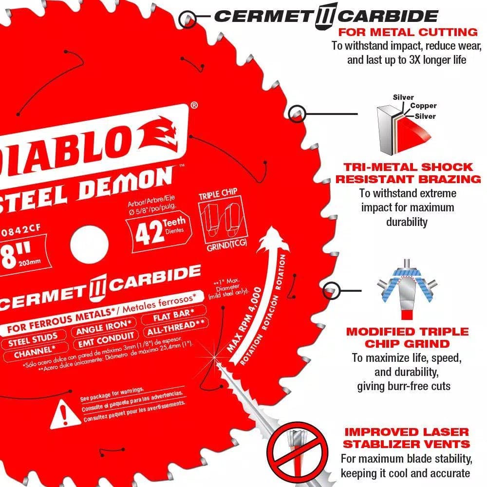 Diablo 8 in. Steel Demon Cermet II Carbide Circular Saw Blade, 42-Tooth for Ferrous Metals & Stainless Steel