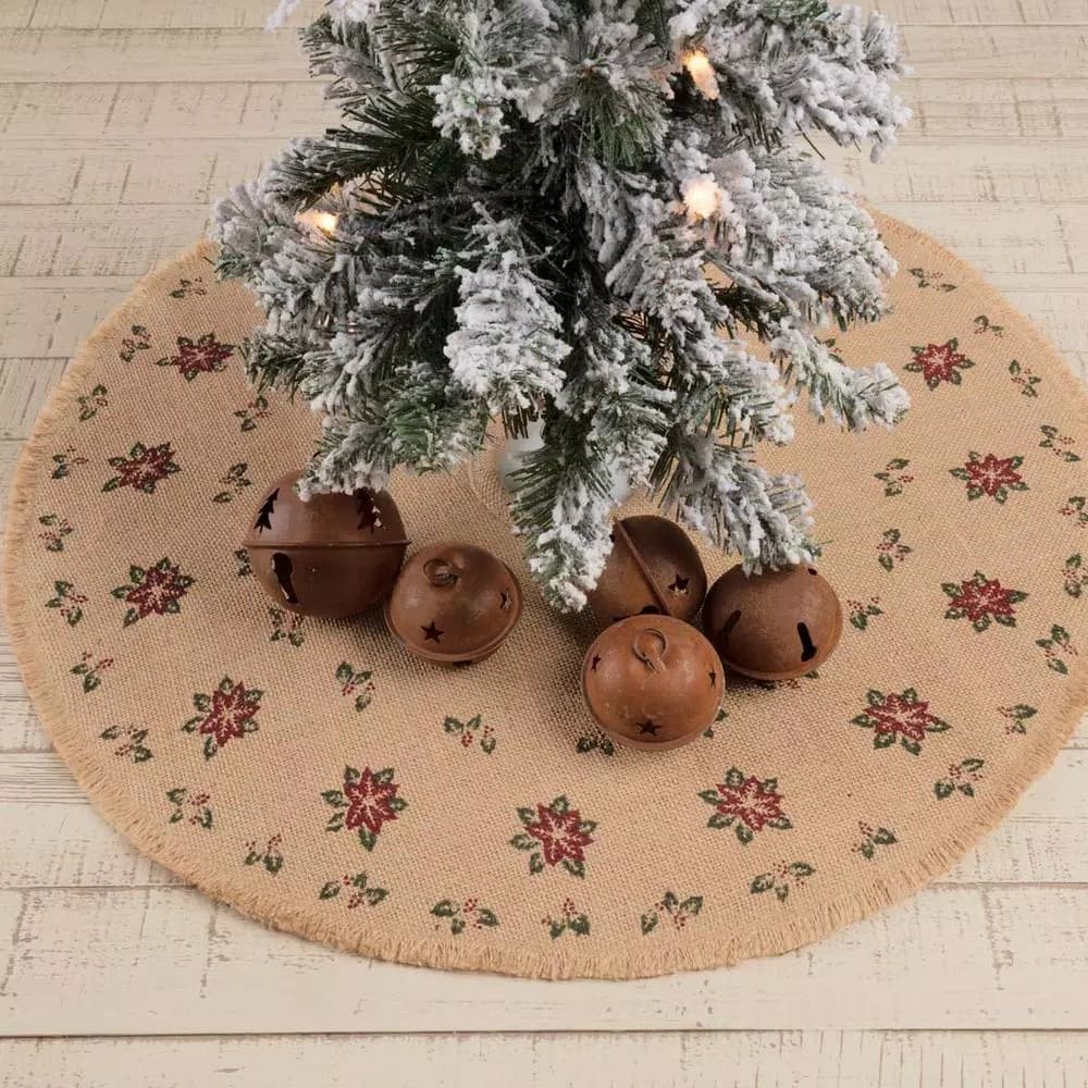 VHC Brands 21 in. Jute Burlap Poinsettia Tree Skirt - Natural Tan Holiday Decor