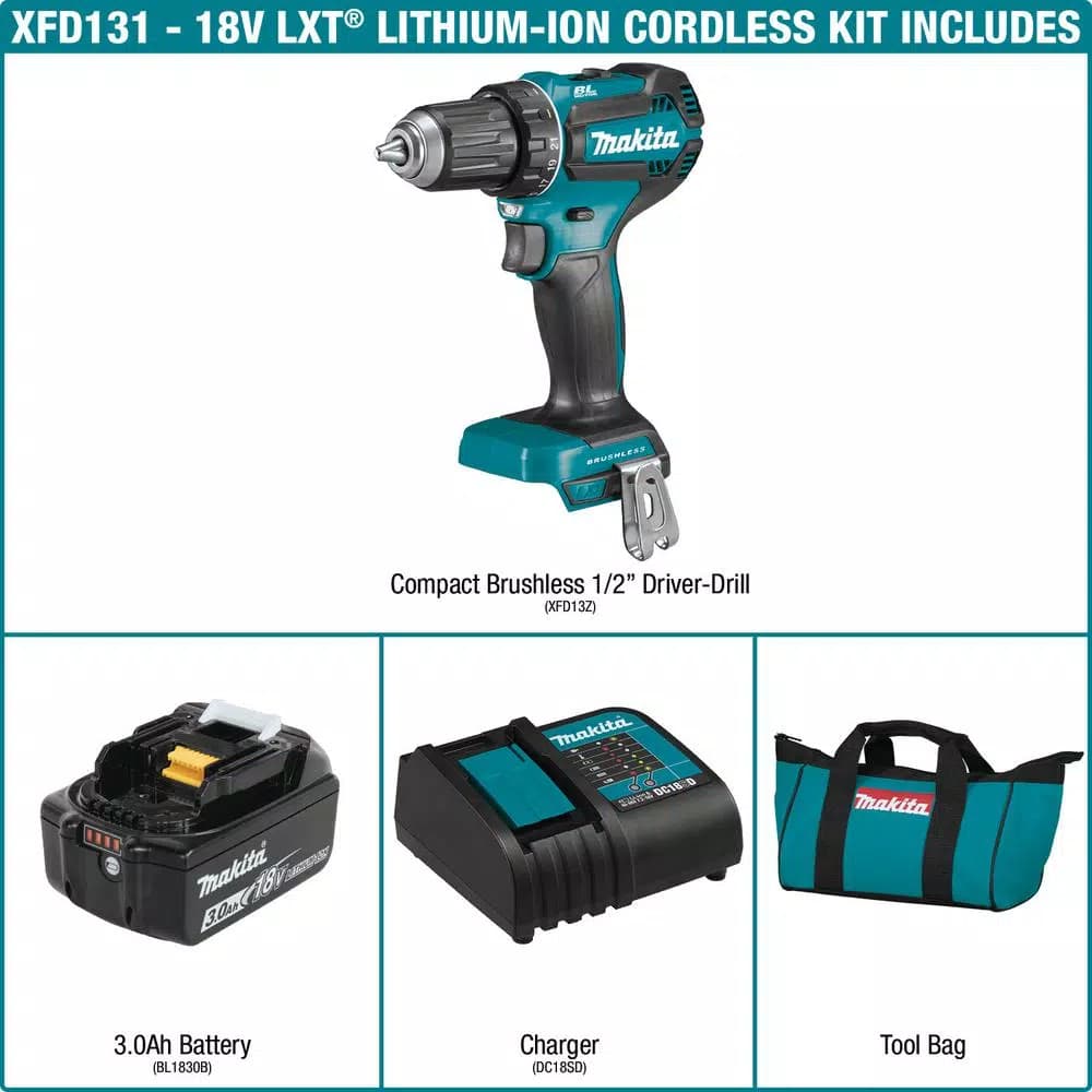 Makita 18V LXT Brushless Cordless 1/2 in. Driver-Drill Kit with 3.0Ah Battery and Charger