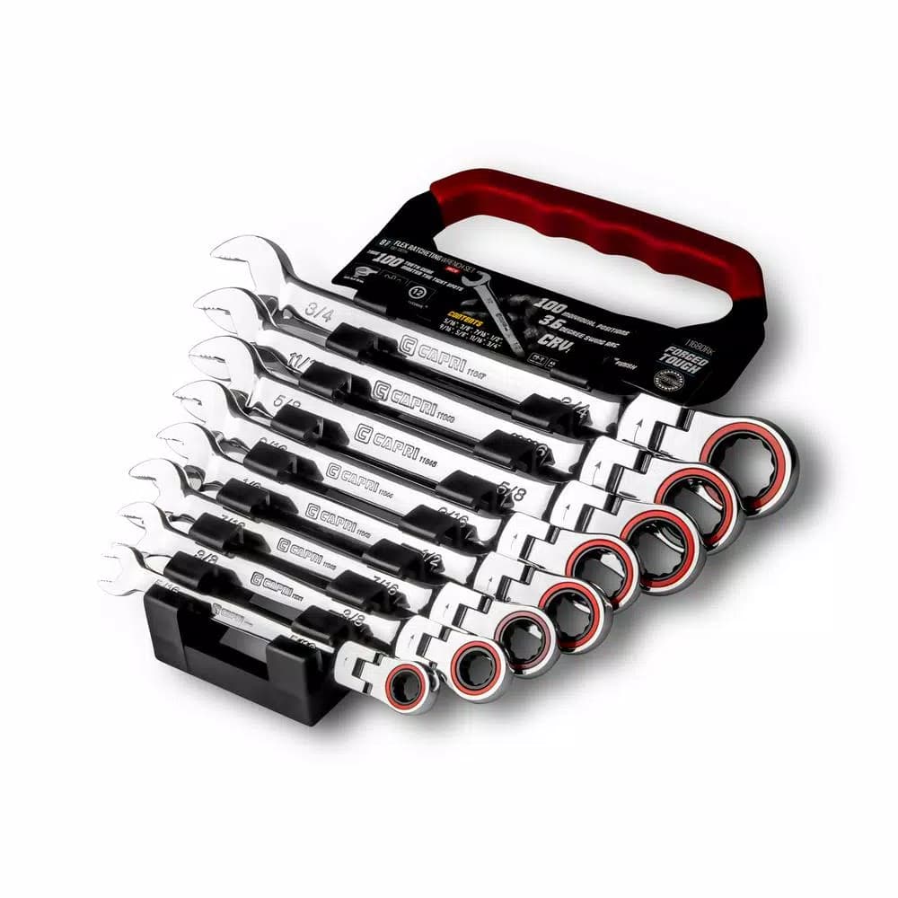 Capri Tools 8-Piece SAE 100-Tooth Flex-Head Ratcheting Combination Wrench Set