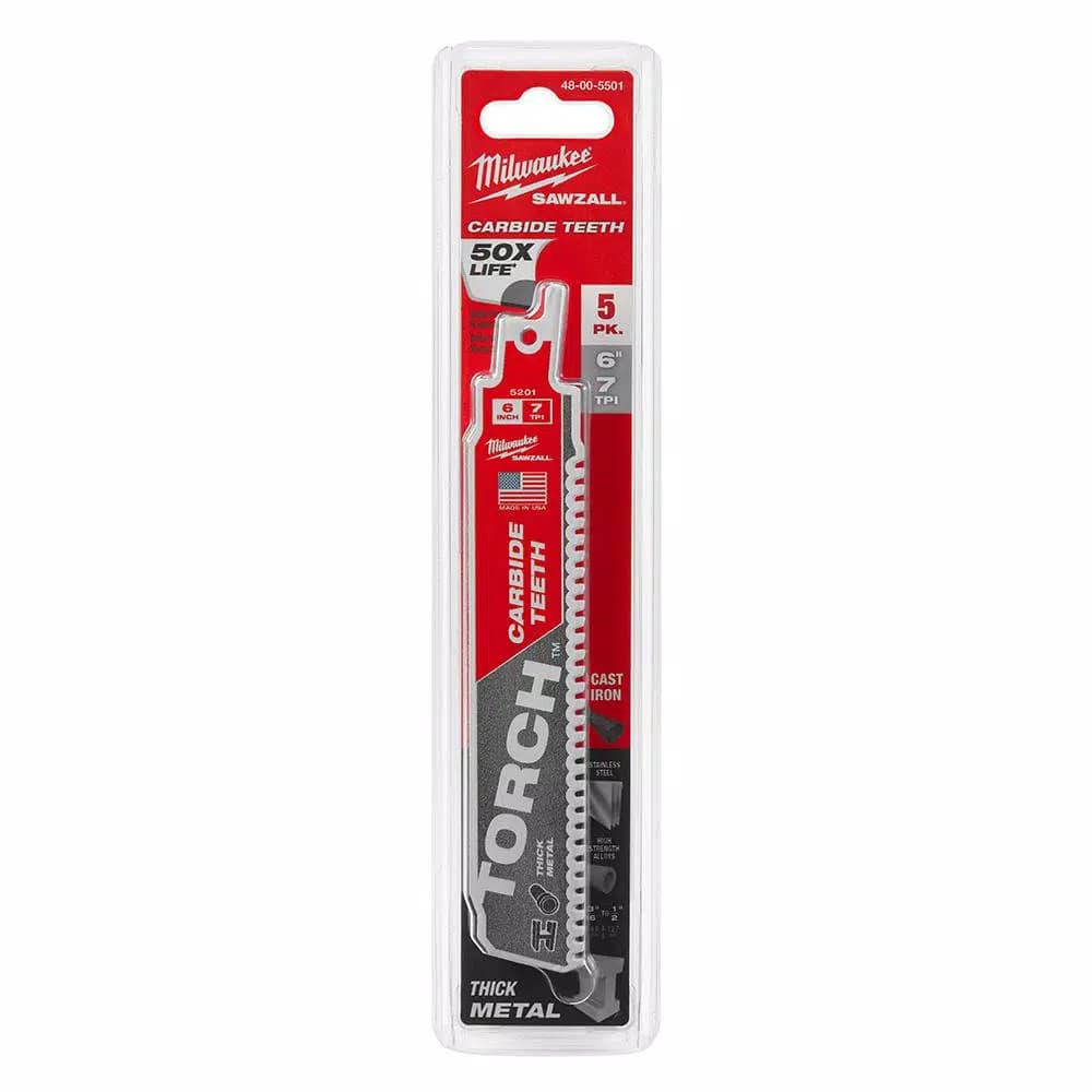 Milwaukee TORCH 6 in. 7 TPI Carbide Teeth Thick Metal Reciprocating Saw Blade (5 Pack)